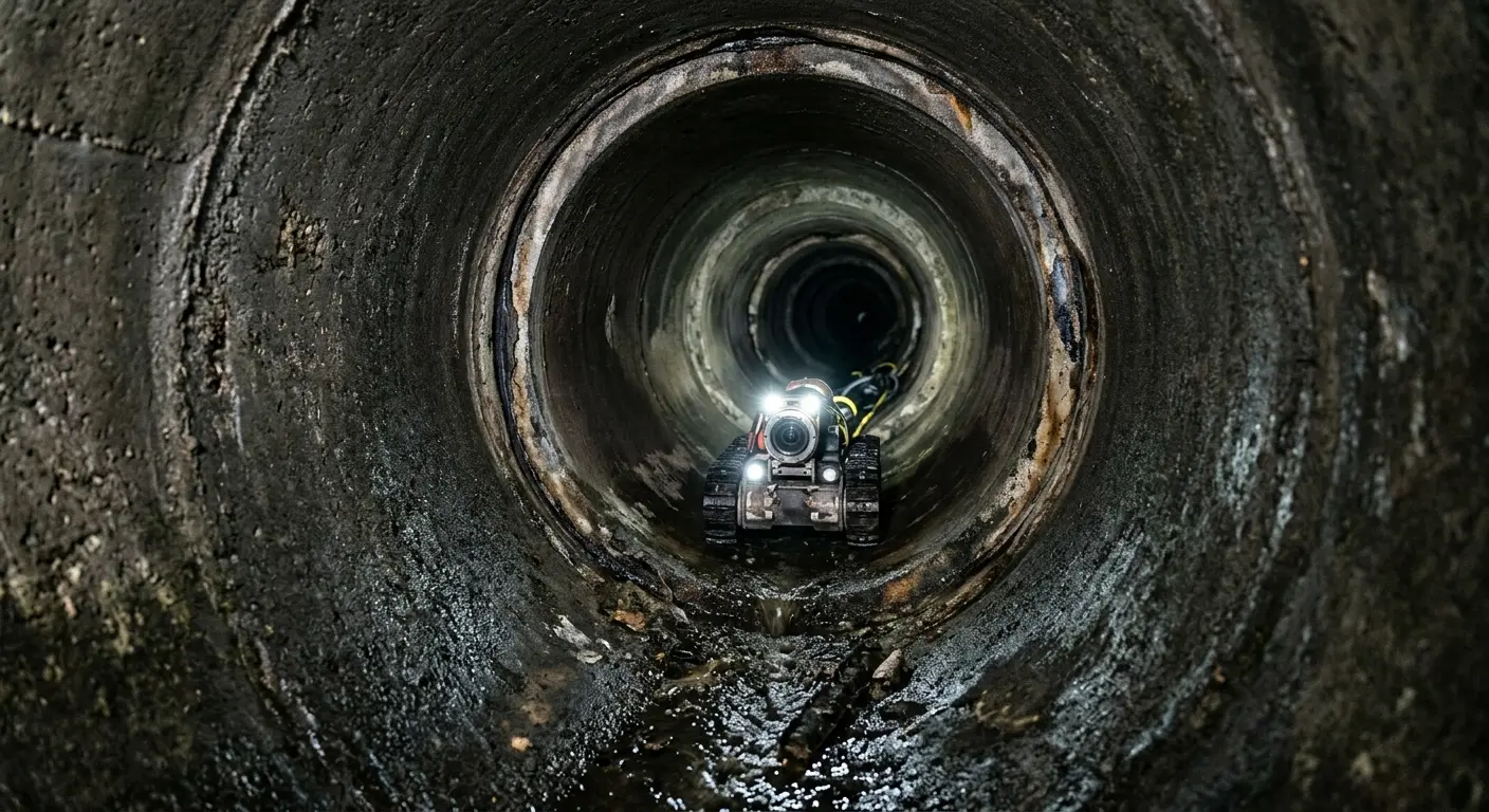 Robotic sewer camera inspecting pipe interior for Sewer Line Cleaning in Rumson