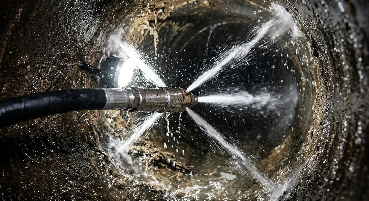High-pressure hydro jetting nozzle cleaning sewer pipe for Emergency Drain Service in Rumson