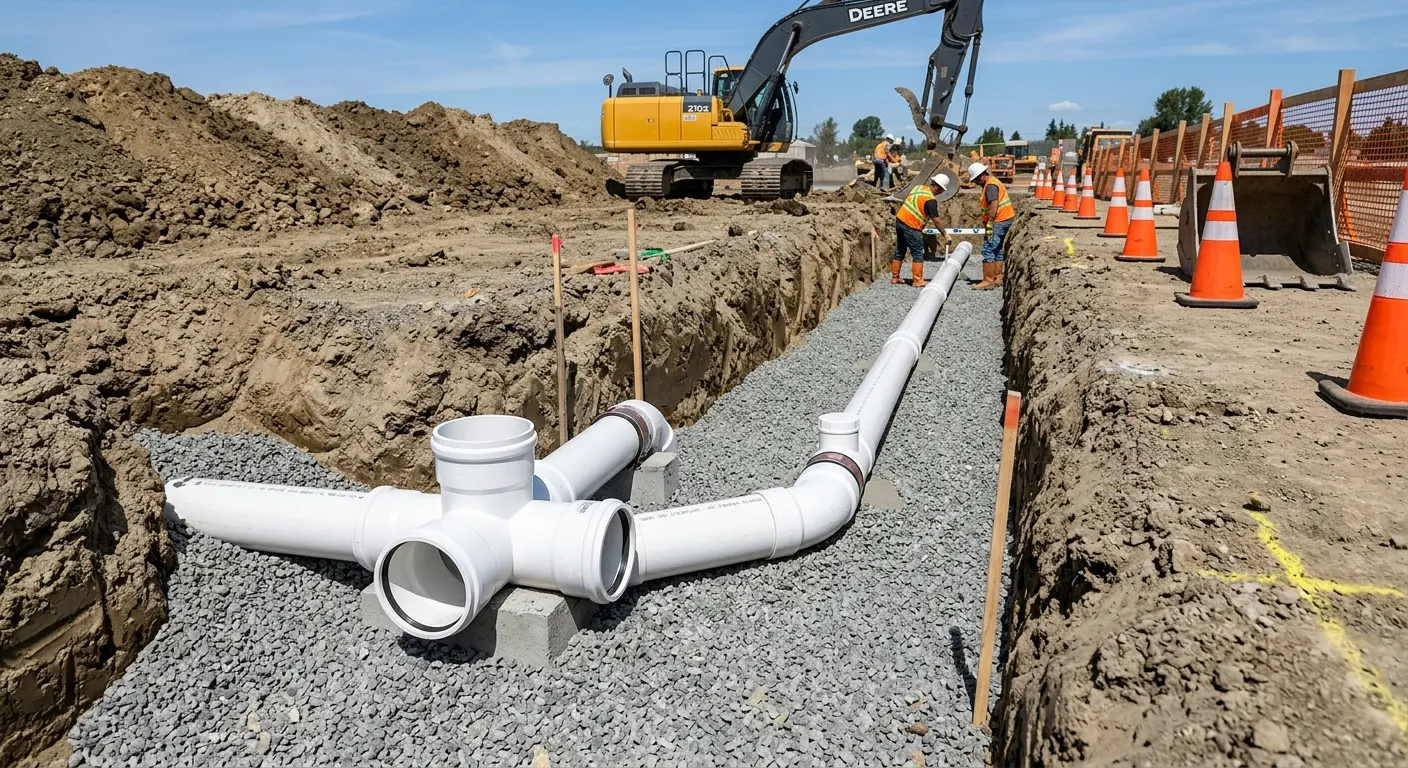 New PVC sewer pipe installation in open trench for Commercial Drain Cleaning in Rumson