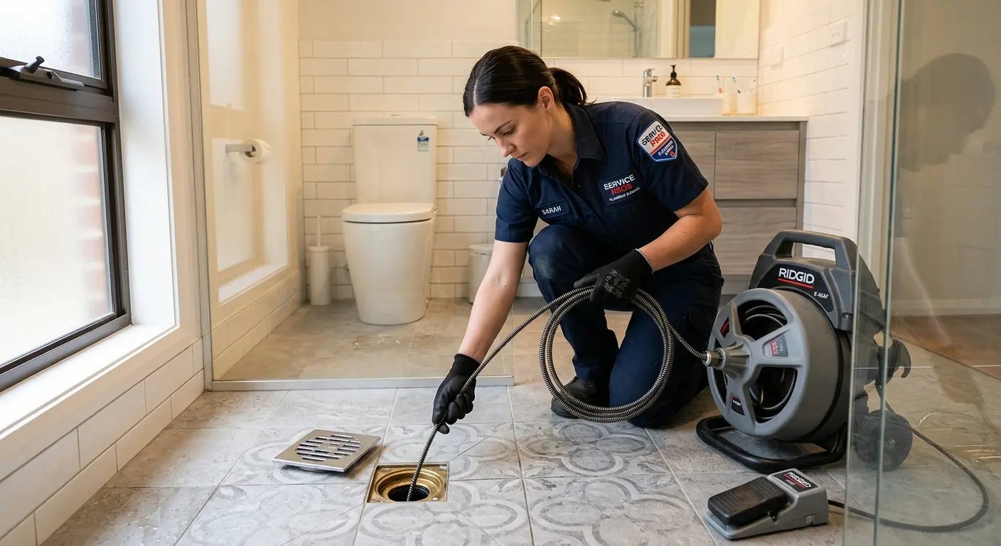Technician clearing a bathroom floor drain for Clogged Drain Repair in Rumson